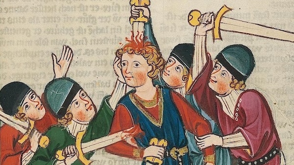 A 1300s illustration of a man being stabbed by multiple other men