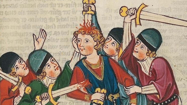 A 1300s illustration of a man being stabbed by multiple other men