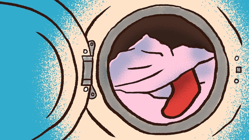 Cartoon-style illustration of an open washing machine with a red sock and stained pink clothes inside.