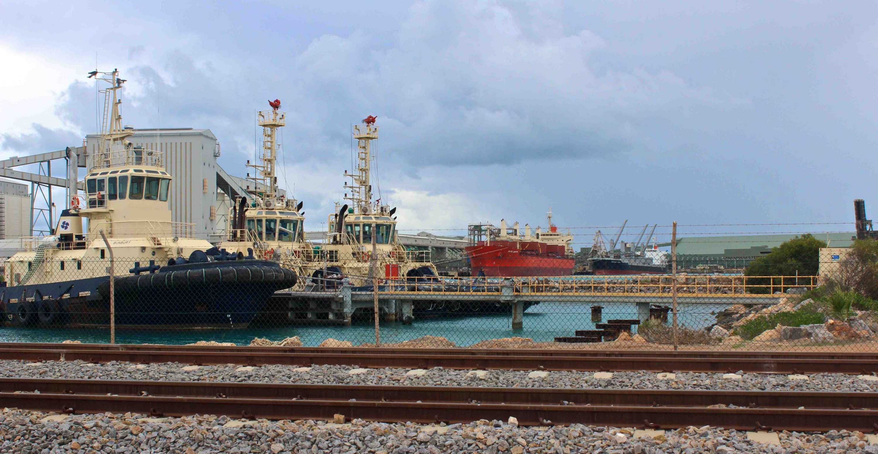 Port of Geraldton, showing rail lines and tugs.  July 21, 2014.