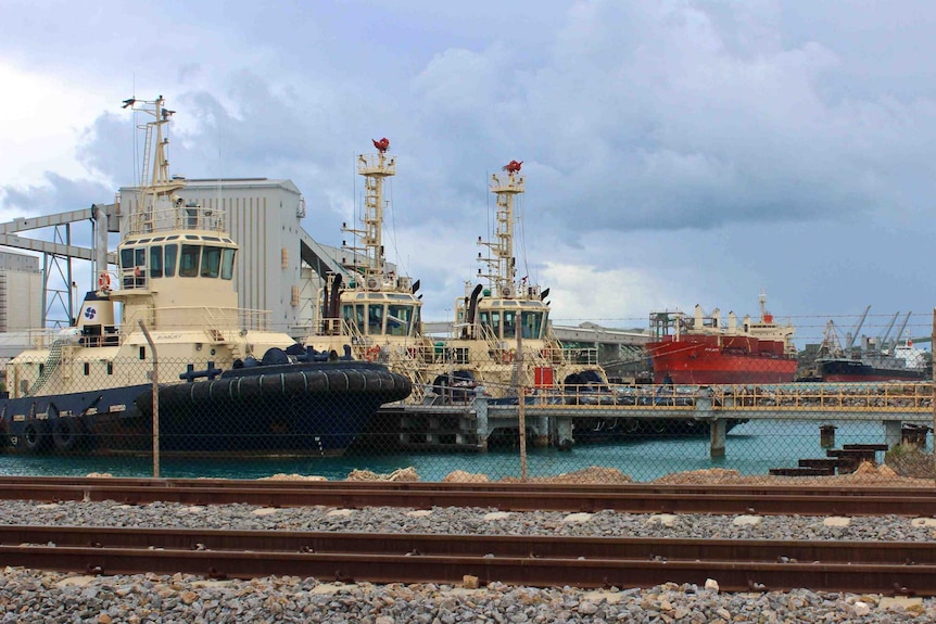 Geraldton Port, showing rail lines and tugboats. July 21, 2014.
