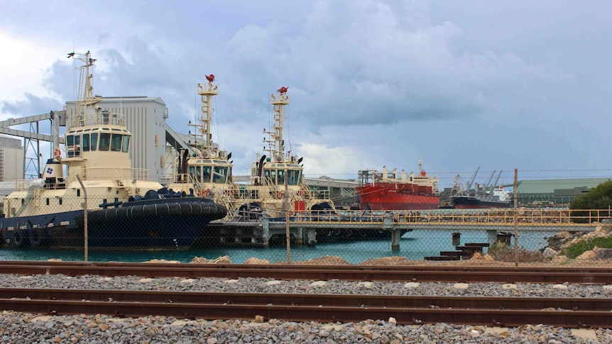 Geraldton Port, showing rail lines and tugboats. July 21, 2014.