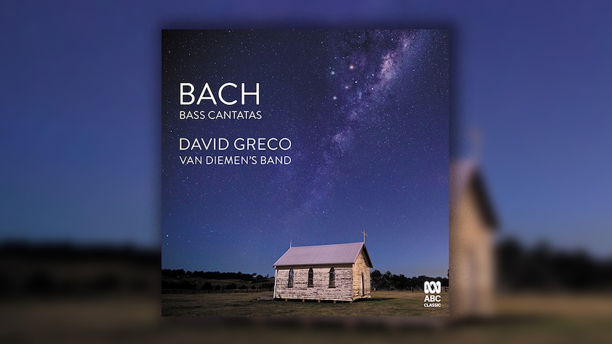 A small stone house sits under a brilliant night sky filled with stars. Text: Bach Bass Cantatas, David Greco, Van Diemen's Band