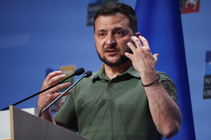 Ukraine's President Volodymyr Zelenskyy speaking at the NATO summit. 