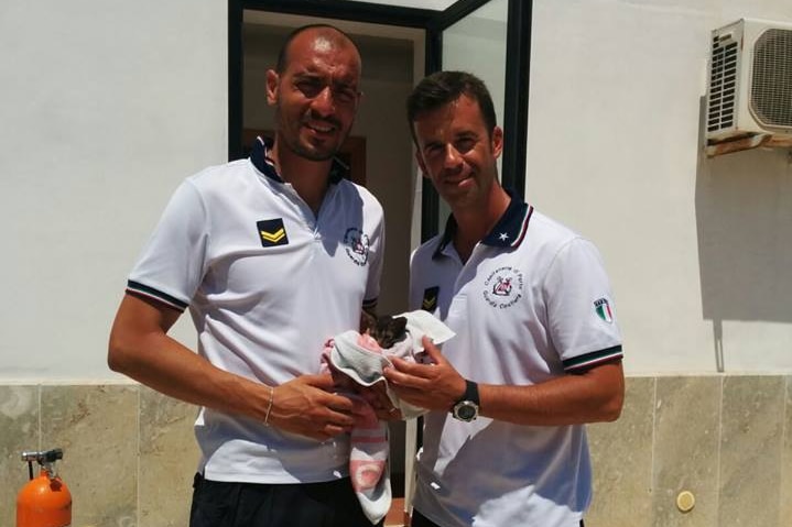 Italian coast guard with Charlie the kitten