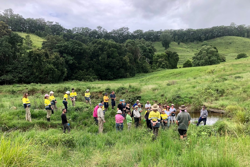 A group of people gathered around a creek to hear a man speak.