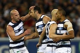 Roaring into the prelims: James Podsiadly (c) kicked three goals in Geelong's 69-point salute.