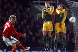 David Beckham curls a free-kick around the Socceroos' wall
