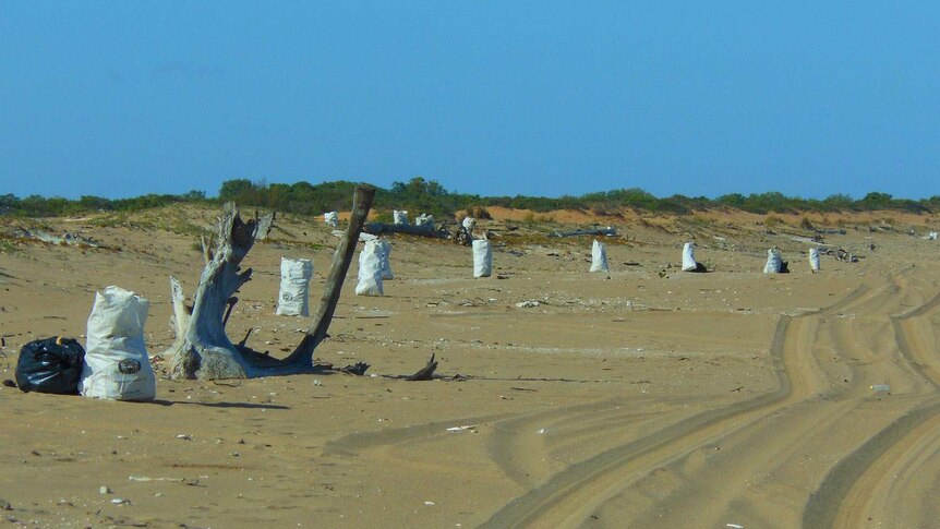 Rubbish in bags along Mapoon Back Beach in September 2014