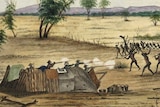 A painting shows armed fighting between the expedition and Aboriginal people.