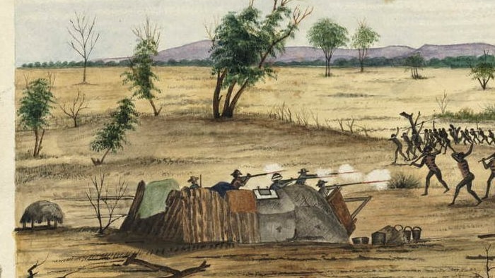 A painting shows armed fighting between the expedition and Aboriginal people.