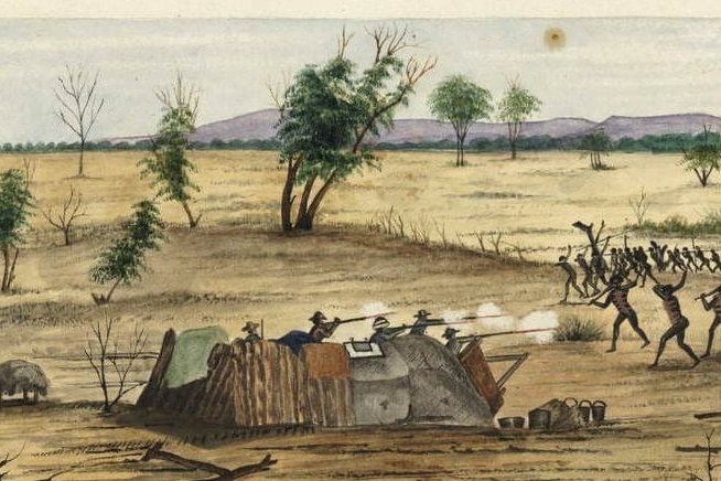 A painting shows armed fighting between the expedition and Aboriginal people.