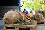 Three unexploded World War II bombs strapped to wooden pallets