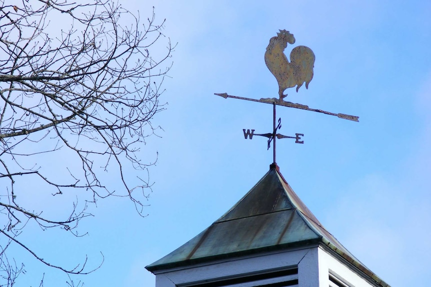 A weathervane at the top of a roof