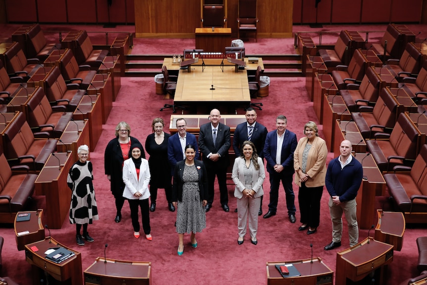 New senators stand in a semi-circle inside the Senate