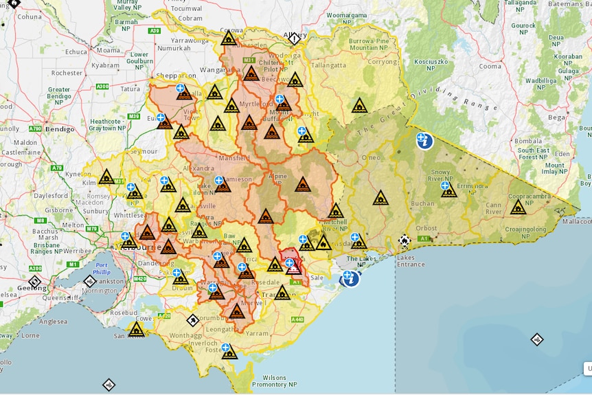 This map from the Vic Emergency site shows multiple warnings for the state's east  as of 11.45pm on Wednesday.