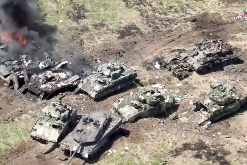 Overhead shot of destroyed armoured vehicles.