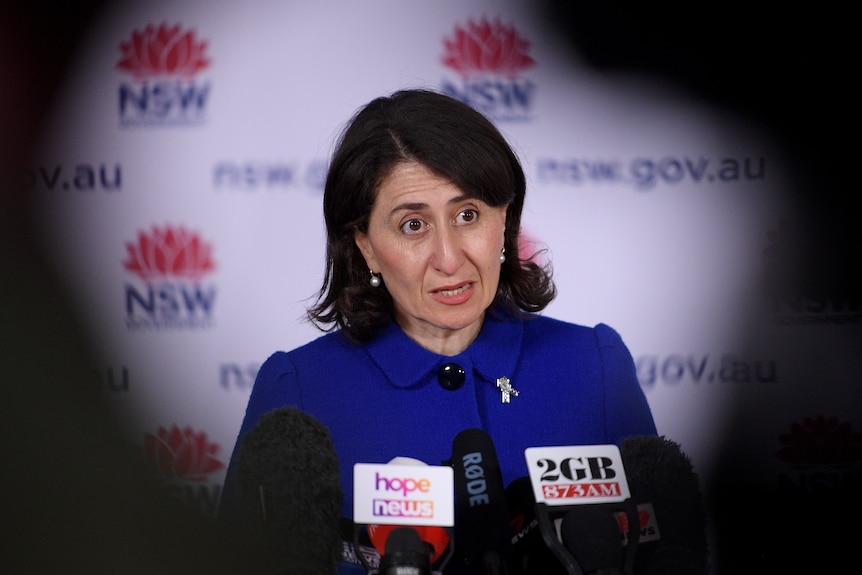 A woman speaks in front of several microphones