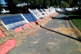 Sandbags and plastic cover the levee at Nathalia.