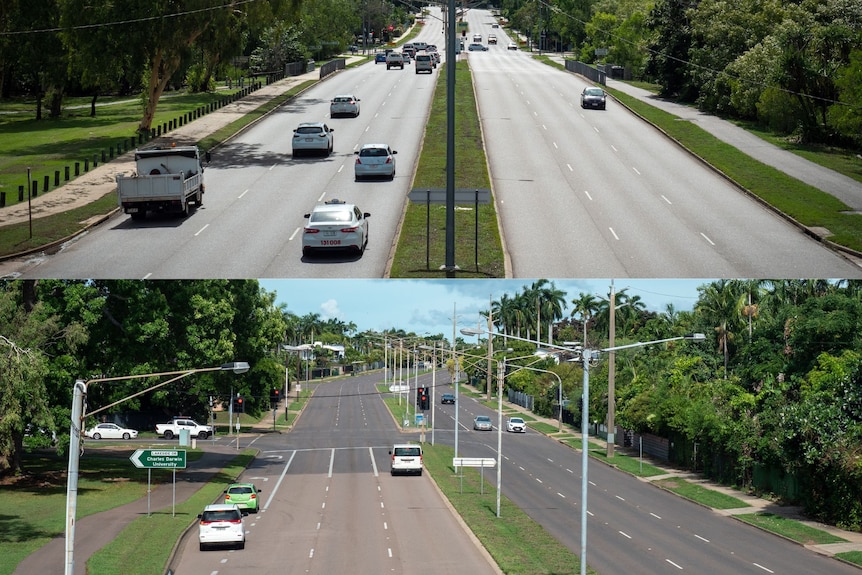 Two shots of a six-lane arterial rd from a pedestrian bridge.