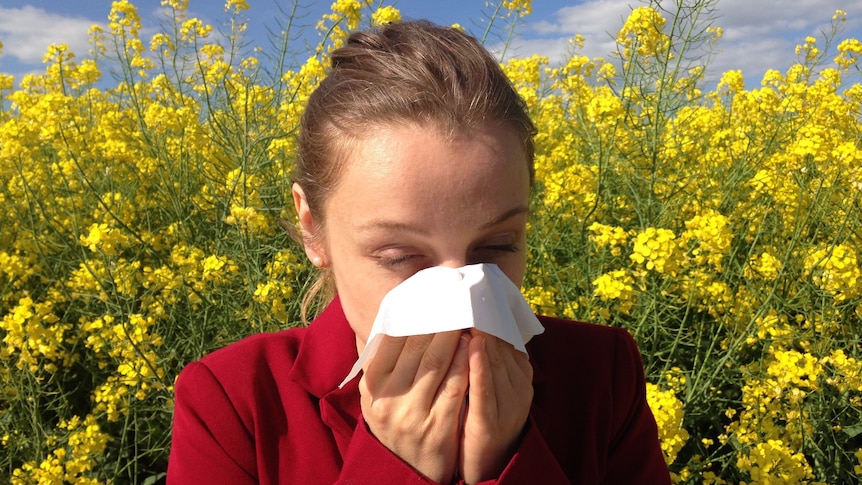 A woman sneezing into a tissue in a field of flowers