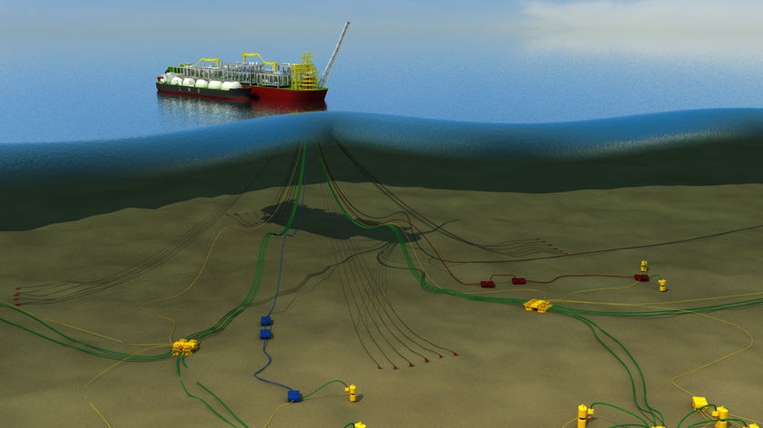 The image of the floating LNG processing plant with its anchors pictured on the sea bed