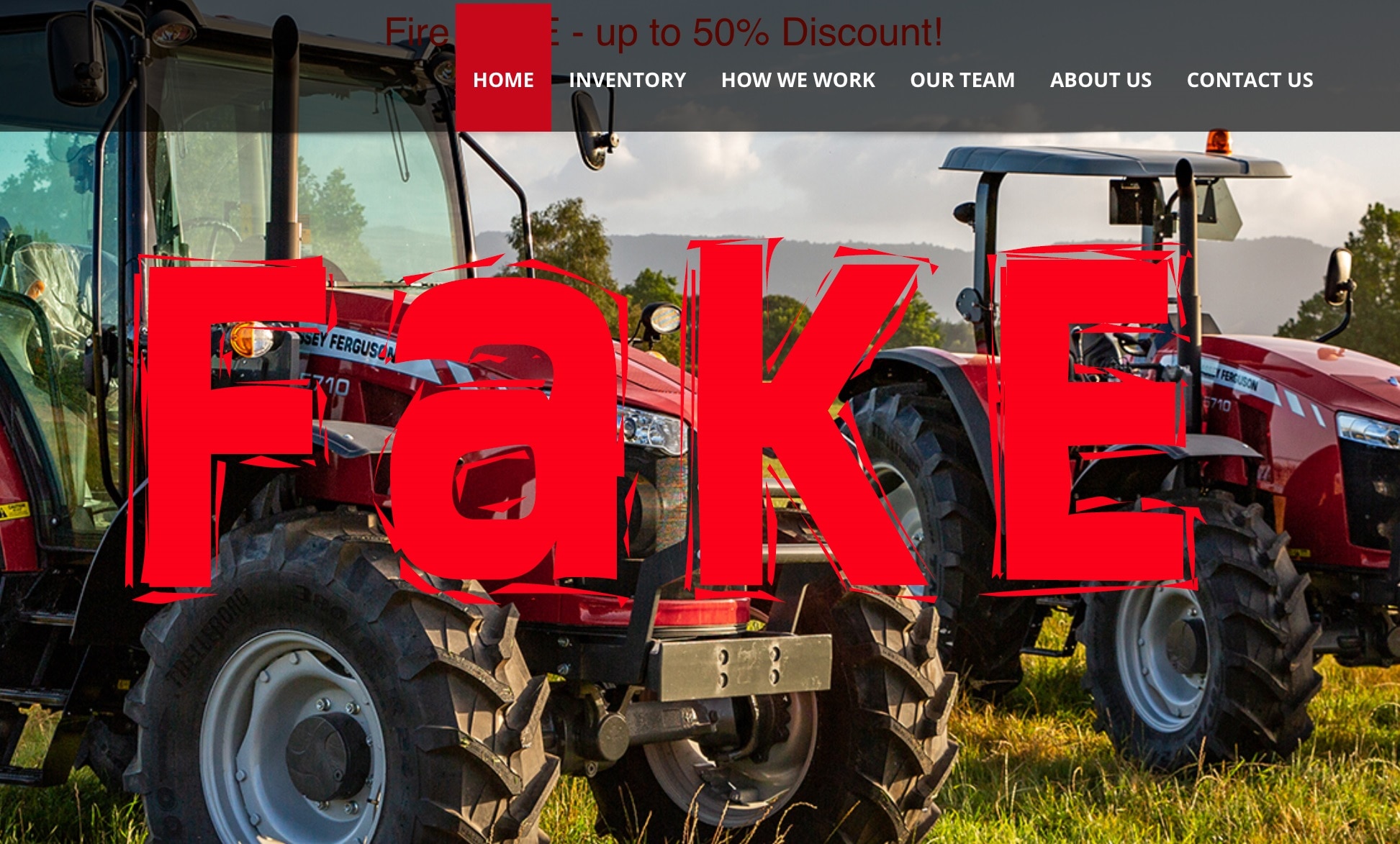 A screenshot from a scam tractor website, with the word "fake" stamped across it in red letters. 