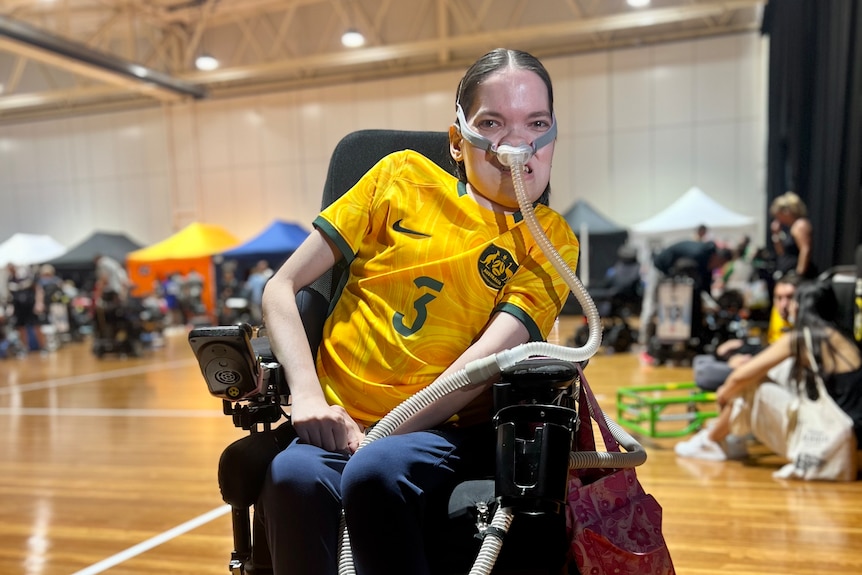 Powerchair athlete Bec Evans on the court