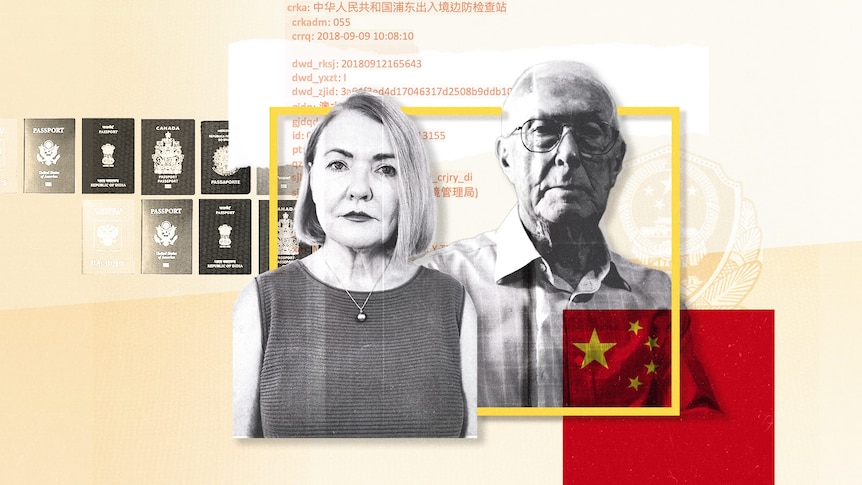 A graphic showing a man and woman, passports, the Chinese flag, lines of data and a police badge.