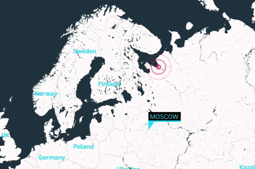 Concentric rings in red next showing a site in relation to the rest of Europe.