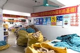 Public Eye investigators photographed bags block the corridors at a Shein factory in Guangzhou, China. 