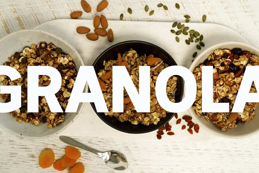Overhead photo of three types of granola on a white table with the tile: GRANOLA