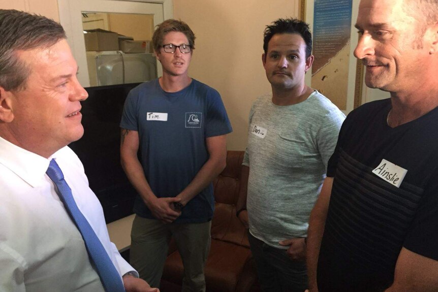 Tim Nicholls meets clients of Toowoomba rehab centre.