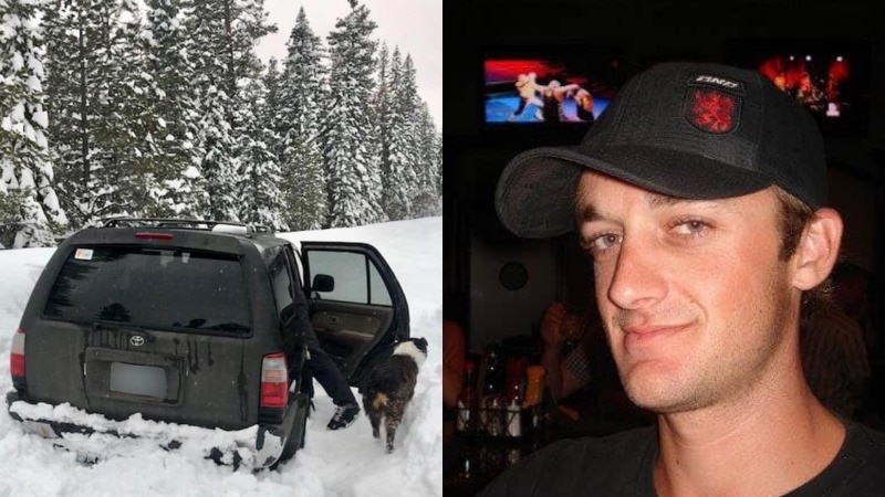 A composite image of Jeremy Taylor, right, and his car stuck in the snow after five days.