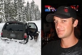 A composite image of Jeremy Taylor, right, and his car stuck in the snow after five days.