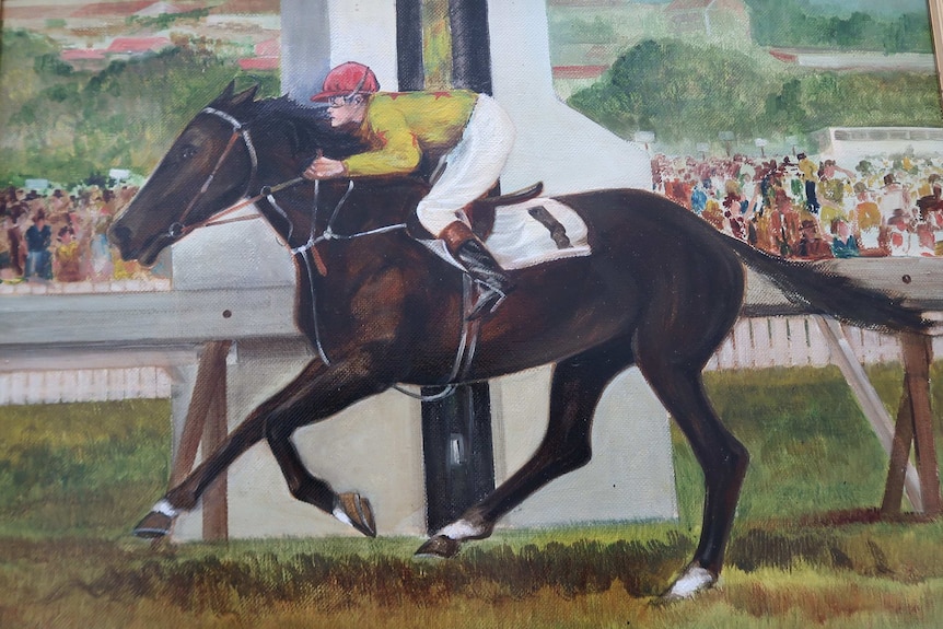 Robert Thompson's first ever win at Randwick was captured in a painting that now hangs proudly on the jockey's wall.