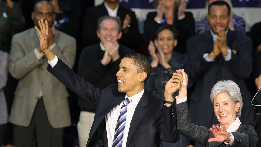 Barack Obama and Kansas Governor Kathleen Sebelius on stage at a rally February 2008.