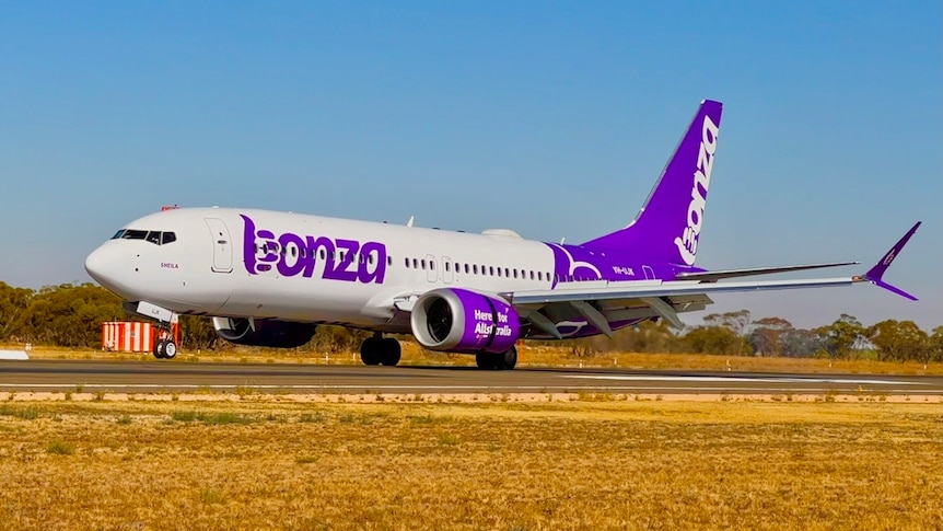 A white and purple passenger plane on a runway.