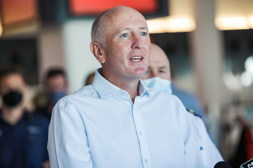 A mid-shot of WA Environment Minister Stephen Dawson speaking at a media conference.