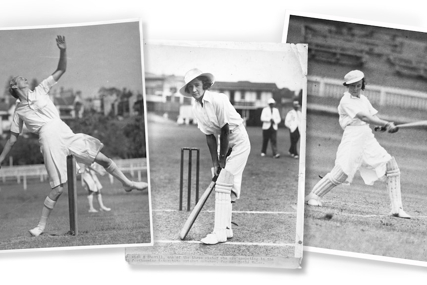 A collage of black and white images of women playing cricket