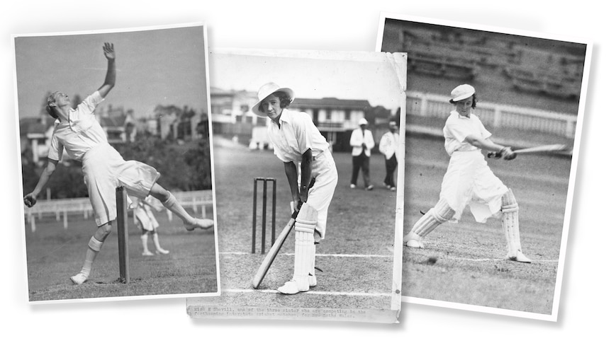 A collage of black and white images of women playing cricket