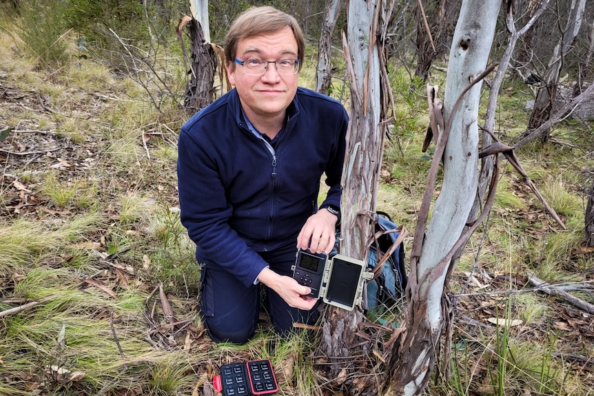 Man crouched beside tree with an audio recorder strapped around the base.