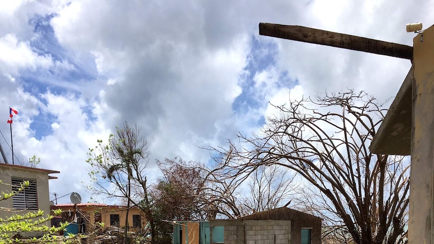 A home is seen without a roof and half a wall.