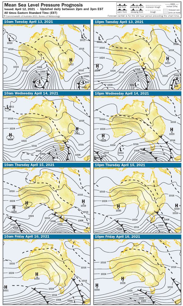 Synoptic charts showing cyclone has already moved off and cold front making its way across Australia.