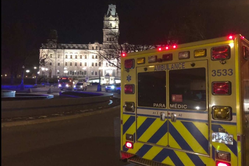 An ambulance parked outside a large parliamentary building at night.