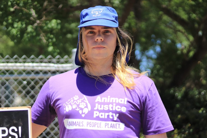 Timothy wears purple shirt that says "Animal Justice Party" 