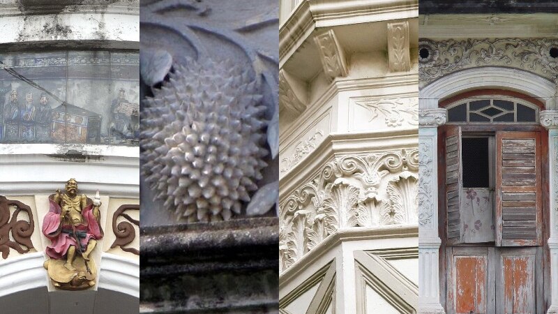 A composite of four images shows various examples of classical architecture ornamentation with Asian influences.
