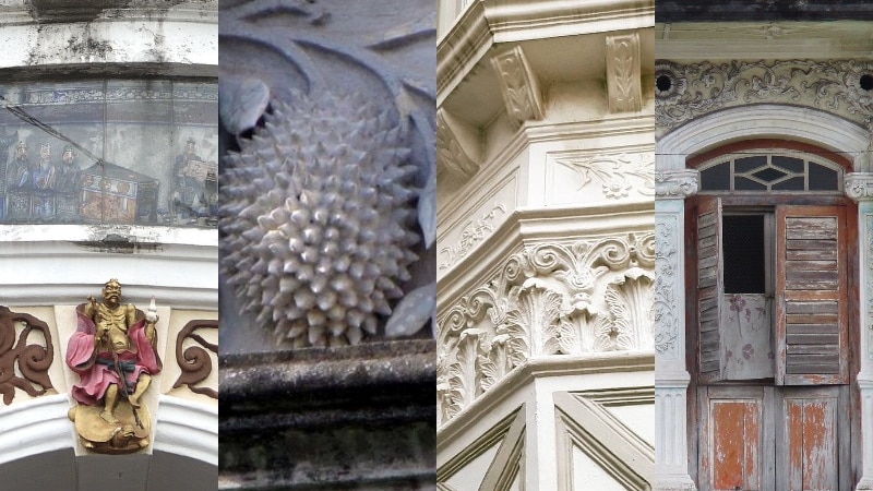 A composite of four images shows various examples of classical architecture ornamentation with Asian influences.