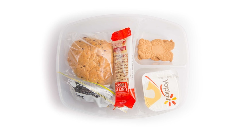 A Vegemite roll, strawberry yoghurt muesli bar, teddy bear biscuits, yoghurt and berries in a clear plastic lunch box.