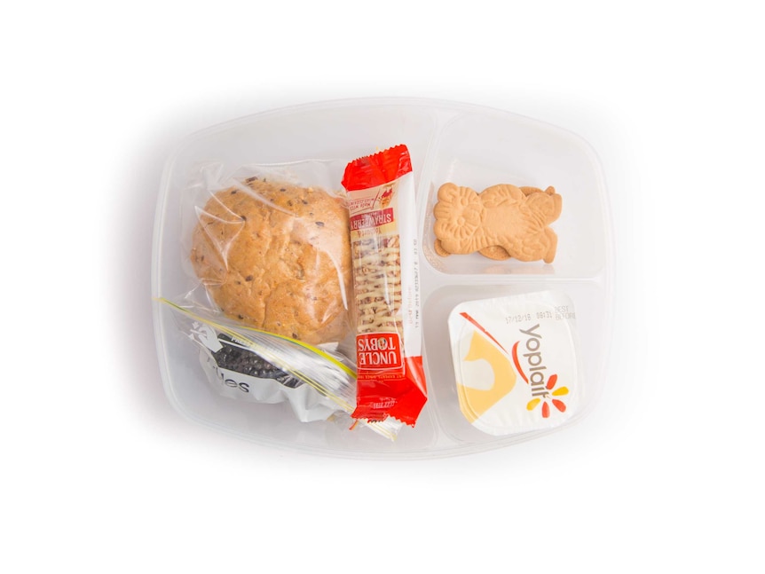 A Vegemite roll, strawberry yoghurt muesli bar, teddy bear biscuits, yoghurt and berries in a clear plastic lunch box.